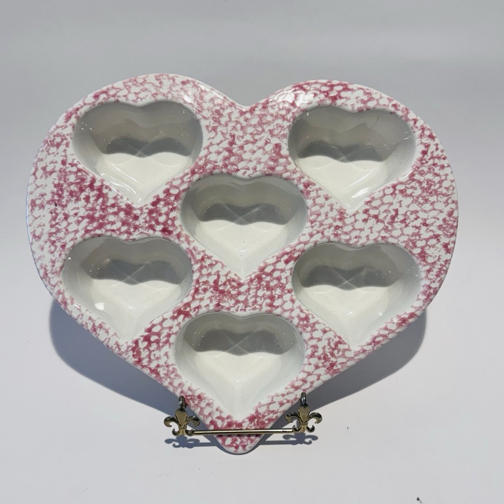 Vintage Red & White Sponge Ware Stoneware Heart‎ Tray 6 Well Heart Mold